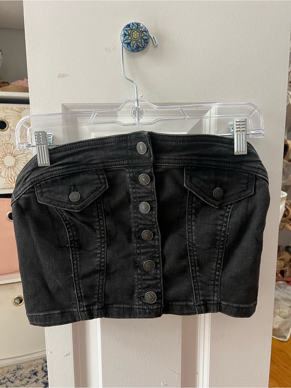 American Eagle Outfitters Black Button-Front Denim Tube Top